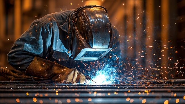 Man wearing a mask and gloves is working on a piece of metal