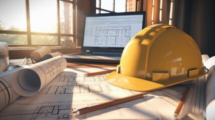 Architectural blueprints, helmet and laptop showcase engineering expertise