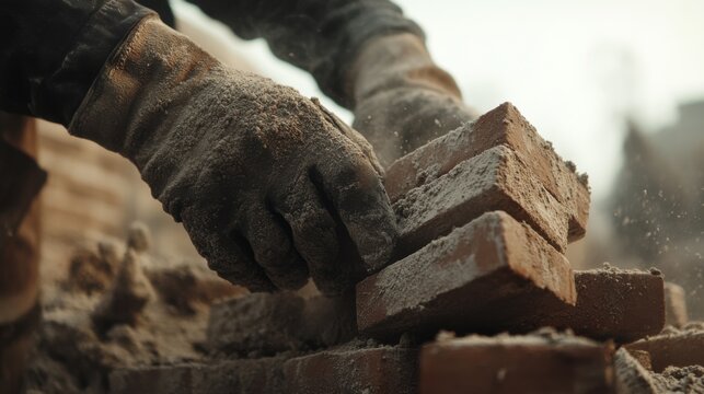 Masonry expert layering bricks with precise alignment. Featuring craftsmanship and endurance