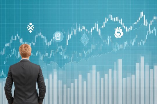 Analyzing cryptocurrency trends financial market infographic digital space aerial view investment insights