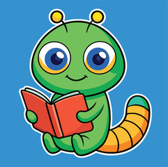 Cute Cartoon Caterpillar Character Reading A Book On Blue Background