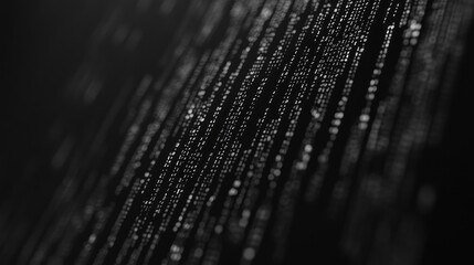 Abstract digital data stream, flowing binary code, white on black background.