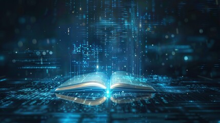 Modern futuristic open blue book for education with digital futuristic elements graphic.Generated AI