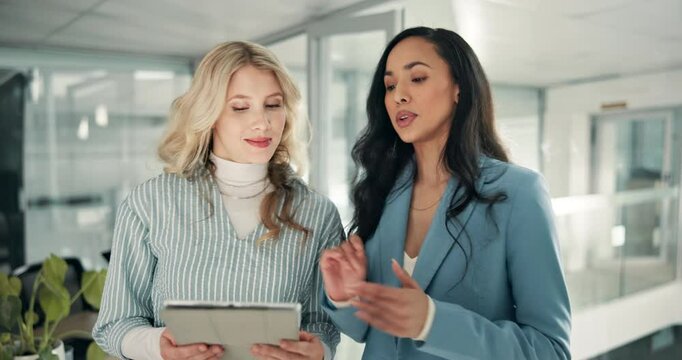 Collaboration, colleagues and women with tablet, office and conversation for ad campaign or online. Business, web and media coordinator with tech for target audience, planning and meeting for people