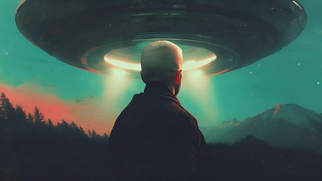 A mysterious figure under the glow of an unidentified flying object in a surreal, earthy landscape
