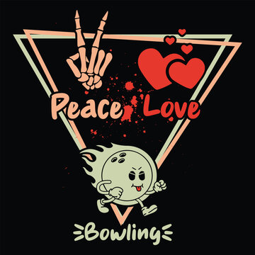 Retro-style "Peace Love Bowling" t-shirt design. Ideal for bowlers, team events, or casual sportswear merchandise.