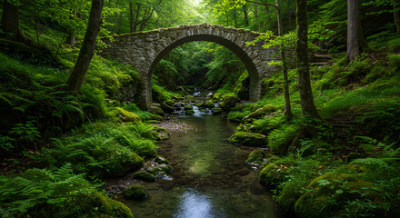 Stone Arch Bridge Over River in Lush Green Forest Landscape