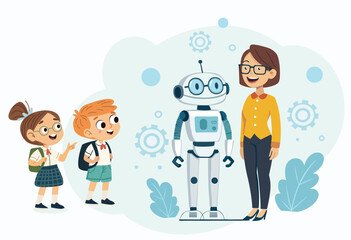  school children with backpacks standing and looking at the robot.