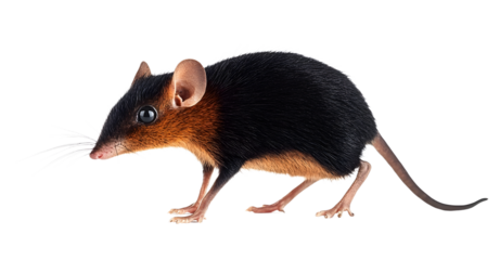 Black and rufous elephant shrew, Rhynchocyon petersi, walking and showing its distinctive long, pointed snout, isolated on white