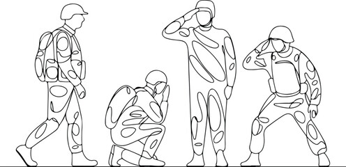 Military Troops One Line Sketch Silhouettes | Soldier Vector Set Soldiers Continuous Line Drawing Silhouette | Army Sketch Vector