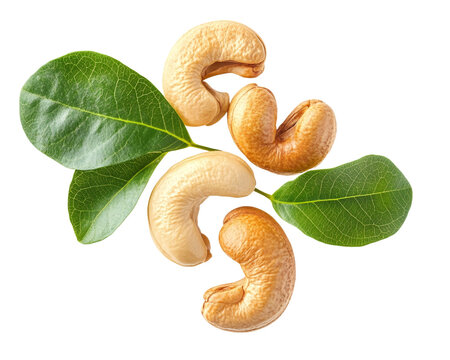 cashew nuts with leaves isolated on transparent background png
