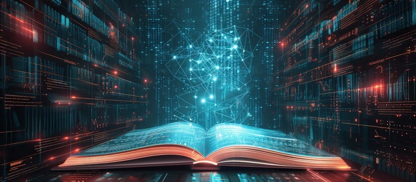 Futuristic open book for education with digital futuristic elements graphic.Generated AI