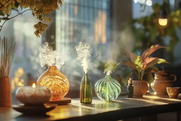 Decorative vases releasing steam in a serene indoor setting with natural light