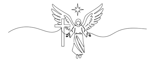 angel with cross and star one-line minimalist art