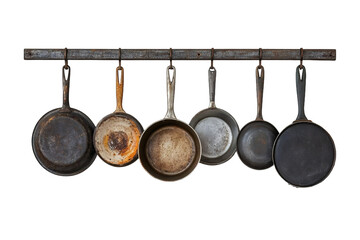 Collection of vintage cooking pots and pans hanging on a rustic metal rack in a well-lit kitchen setting