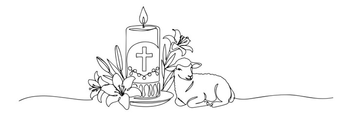 lamb with cross and lilies monoline vector art, black and white abstract minimalist design