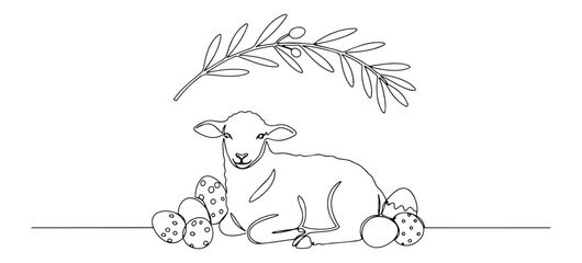 lamb with olives and branch monoline continuous line art