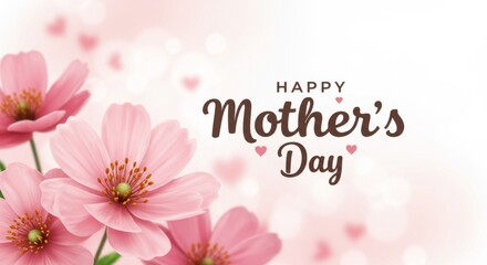 Naklejka premium Happy Mother’s Day Greeting Card – Elegant Pink Floral Design with Hearts and Soft Pastel Background