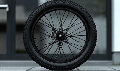 Fototapeta premium A focused image of a black bicycle tire and front fork on a white background, showcasing the detail and functionality of the bike