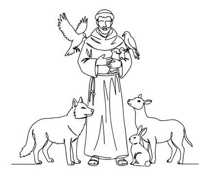 saint francis with animals and birds monochromatic line drawing with a clean aesthetic