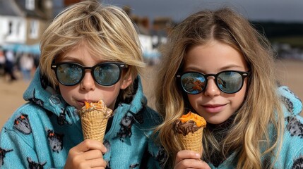Kids eating ice cream cones on beach, eat, face, boy, icecream, person, chocolate, kid, happiness, smile