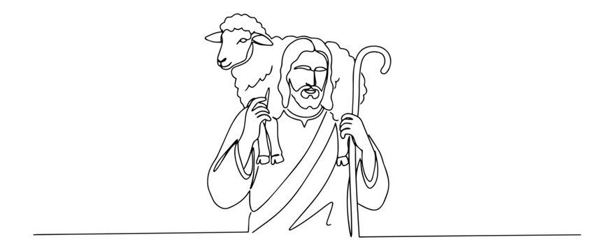 good shepherd carrying sheep monochromatic line drawing with a clean aesthetic