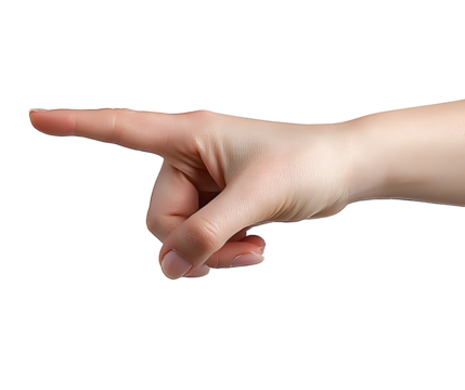 Female hand with index finger outstretched, pointing downward as if pressing or selecting an invisible button. Gesture symbolizing interaction, decision-making, or digital selection. Isolated on white