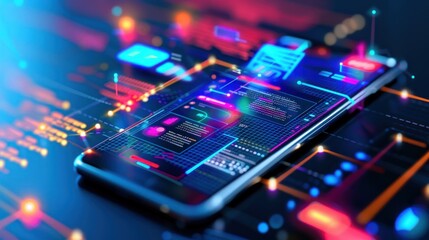 Futuristic digital mobile software technology development concept. Generated AI image