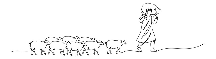 shepherd walking with sheep modern simplistic black contour artwork
