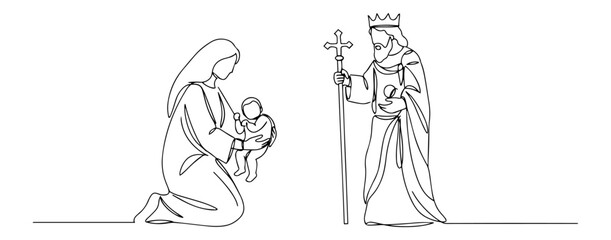 mary kneeling before baby jesus modern simplistic black contour artwork