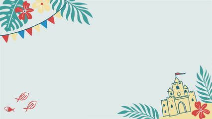 Obraz premium Beach-themed with light blue background, tropical leaves, red and yellow flowers, red, yellow, blue flags at top, two red fish mid-left, sandcastle with red flag and red flower bottom right.