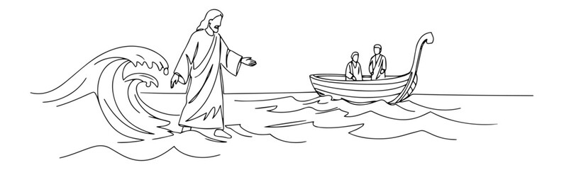 jesus walking on water toward boat modern minimalist line drawing