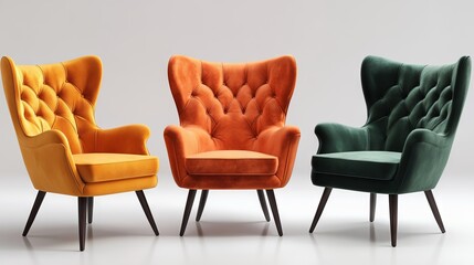 Fototapeta premium In a studio shot, three armchairs are arranged in a row, featuring upholstery in orange, yellow, and green, against a neutral backdrop
