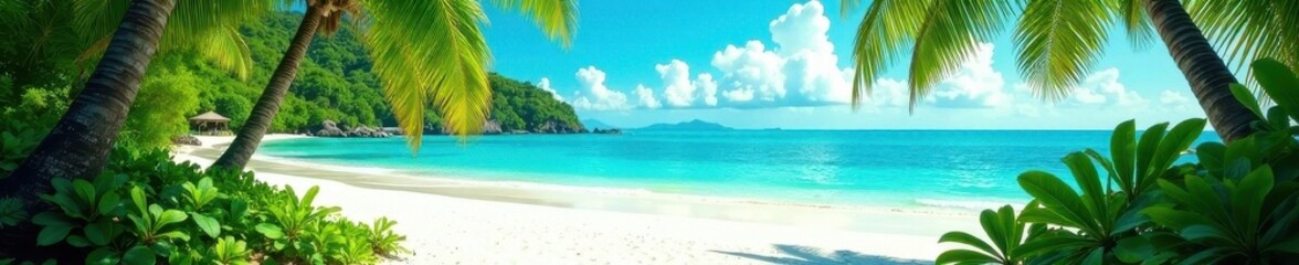Fototapeta premium Lush tropical foliage, turquoise water, white sand beach, relaxation, ocean, holiday