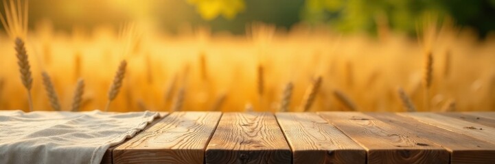 Rustic wooden table, linen tablecloth, wheat field bokeh , grain, photo, element