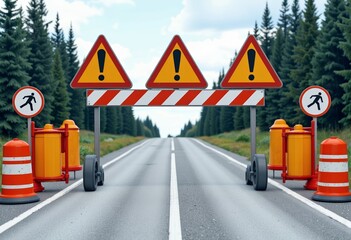 Naklejka premium Road construction barriers warning on a scenic highway 