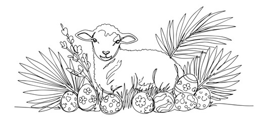 lamb with cross and easter elements minimalist one-line drawing