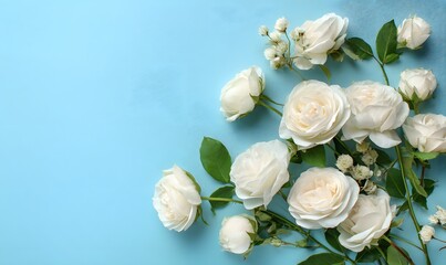 Elegant White Roses Bouquet Soft Pastel Blue Background Romantic Floral Arrangement Beautiful Delicate Flowers Spring Summer Wedding Decoration Pretty