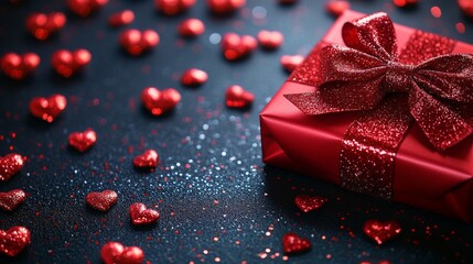 Bathed in warm, rich light, a crimson gift box with a luxurious red ribbon promises excitement and anticipation