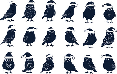 Graphical set of owls in Santa Claus hat isolated on white,vector new year illustration,night birds