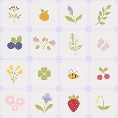 Colourful flowers and lines seamless pattern. Cute flora vector on checked for fabric, scarves, cards, scrapbooks, wrapping paper, and textiles.