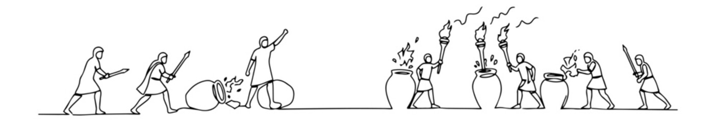 biblical battle scene with men holding torches minimalist black-and-white sketch