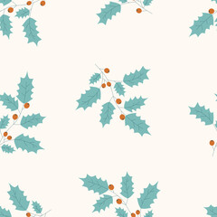 Vector Christmas holly berries and leaves seamless pattern background with hand-drawn elements. Xmas greeting card and design for fabric, scarves, scrapbooks, wrapping paper, and textiles.