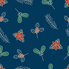 Vector Christmas holly berries and leaves seamless pattern background with hand-drawn elements. Xmas greeting card and design for fabric, scarves, scrapbooks, wrapping paper, and textiles.