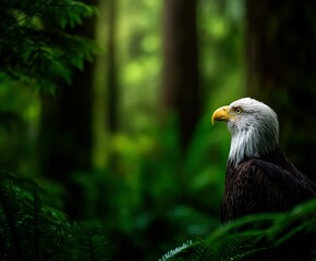 Obraz premium Bald eagle perched among lush green foliage
