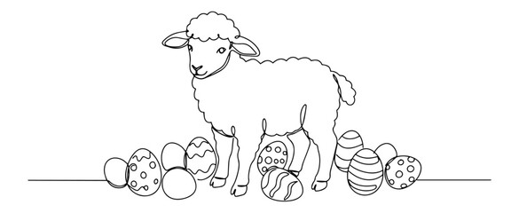 lamb with easter eggs minimalist black and white line art with continuous stroke
