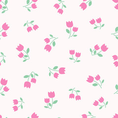 Tulip vector pattern, seamless repeating background, flat illustration. Pastel flower pattern with icons, floral wallpaper design for cards, fabric, wrapping, textiles, wallpaper, and stationery.
