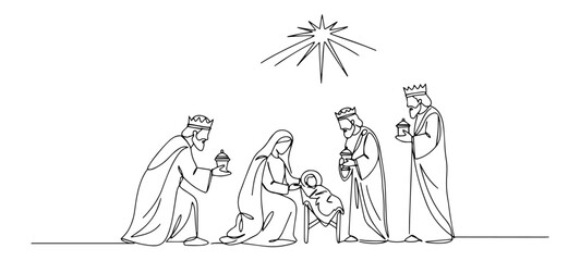 nativity scene with three wise men and baby jesus biblical religious scene minimal contour-based artwork