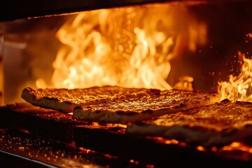 Pizza baking in a hot oven, for pizzeria, restaurant, or food business usage