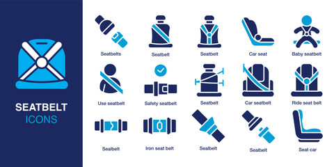 Seat belt icon set. Containing car seat, safety belt, baby seat, buckle, use seat belt, ride safety and more. Solid vector icons collection. Vector illustration.